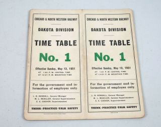 Vintage 1951 Chicago & North Western Railway Dakota Division No.  1 Timetable