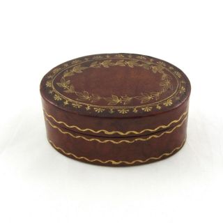 Antique Oval Tooled Leather Ring Box Brown Gold