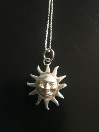 Vintage Sterling Silver Smiling Sun Face Pendant On 18 " Sterling Box Chain,  925.