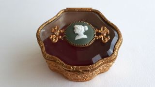 Antique Bronze Brass Glass Top With Cameo Medallion Jewelry Box.  French 1900s