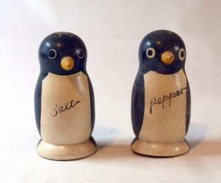 Vintage Wooden Penguin Salt And Pepper Shakers With Cork Stoppers