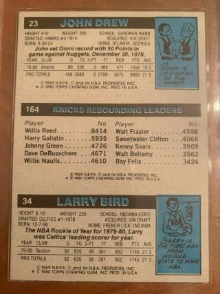 1980 - 1981 Topps Larry Bird/ Cartwright / Drew 2