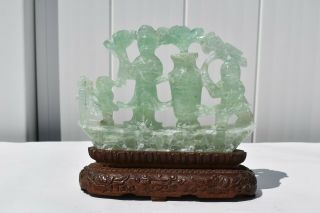 Awesome Antique Carved Fluorite/quartz Stone Of Guan Yin And Her Attendants 觀音雕像