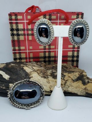 Vintage Whiting And Davis Hematite Brooch And Clip On Earrings