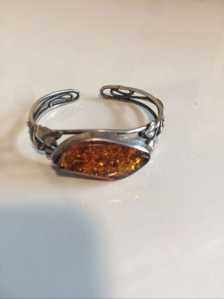 Antique Sterling Silver Cuff Bracelet With Amber Stone