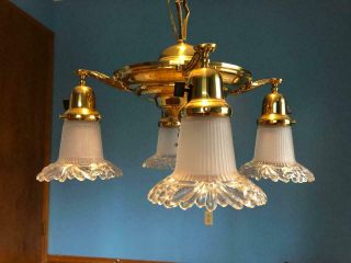 Vintage 4 Light Polished Brass Plate Pan Hanging Fixture Art Nouveau Vgc