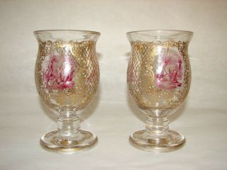 2 Antique Bohemian Glass Hand Painted Beakers Victorian Scenes In Medallions