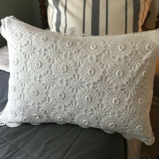Vintage Standard Pillow Sham Crochet Rosette Lace Cotton White Shabby Country