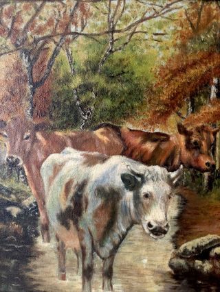 Antique American Primitive Folk Art Landscape Painting Cows Old