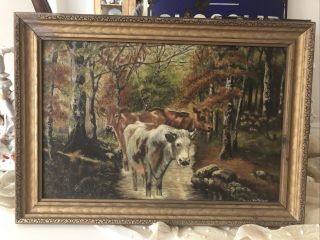 Antique American Primitive Folk Art Landscape Painting Cows Old 2