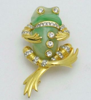 Vintage 1970s Kenneth Jay Lane Green Lucite Rhinestone Figural Frog Brooch