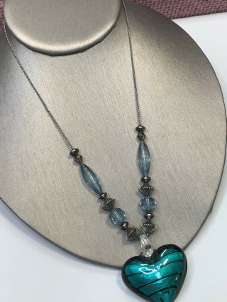 Vintage Grey Tone Aqua Green Blue Large Glass Heart Necklace Pendant 18”