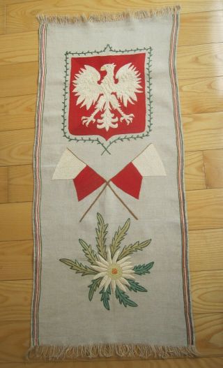 Vintage Antique Handmade Embroidered Polish Eagle Crest Banner Condit