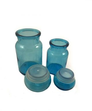 2 Vintage Belgium Blue Glass Apothecary Jar Bottle Bubble Top Lid 6” And 7”