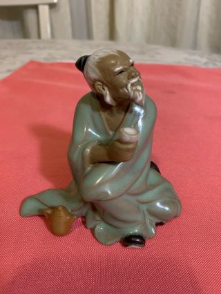 Vintage Chinese Shiwan Mudman Figurine Sitting To Have A Drink