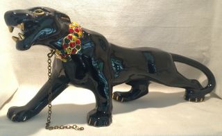 Vintage Mid Century Black Ceramic Panther Jaguar Puma Collar Chain