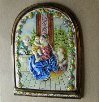 Antique Italian Hand Painted Majolica,  Faience Plaque Madonna