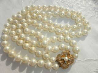 Gorgeous Vintage Double Strand Faux Pearl Necklace Large Gold Plate Clasp