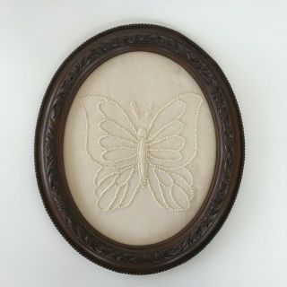 Vintage Wood Framed Butterfly Candlewick Embroidery Picture Finished White