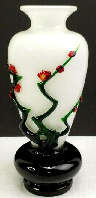 Asian Peking Hand Blown Glass Vase Applied Tree Flowers 9 1/4 " Tall
