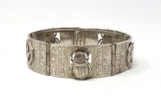 A Lovely Antique Art Deco Sterling Silver 925 Egyptian Scarab Bracelet 41.  8g 2
