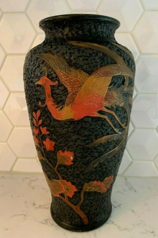 Vintage Antique Japanese Tokanabe Ceramic Vase Hand Painted Crowned Crane