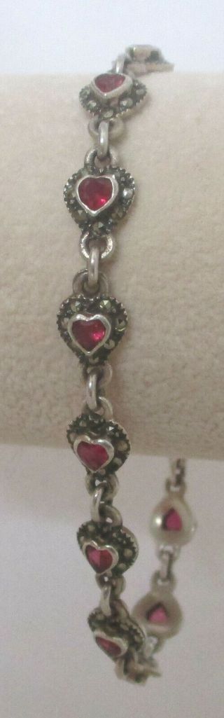 Vintage Sterling Silver Red Stone Heart Link Bracelet 925