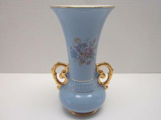 Vintage Abingdon Usa Pottery Vase Blue Art Deco Gilded Trim & Handles 520 8.  5 " T