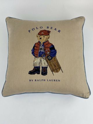 Vintage Ralph Lauren Polo Bear Teddy Tan Blue Pillow 18 " X18 " Goose Down Feather