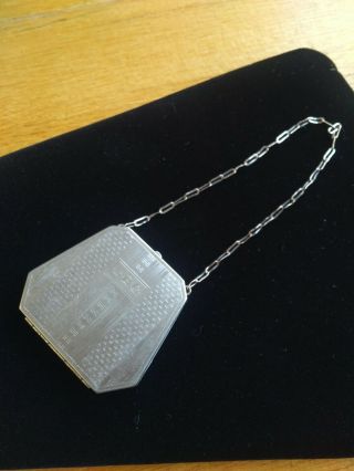 Vintage Art Deco Style Silver Toned Compact With Chain