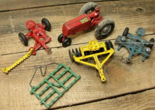 Antique Arcade Cast Iron Farm Toy Oliver Tractor With 4 Implements