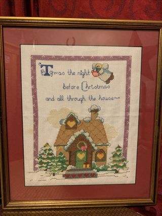 Vintage Finished & Framed ‘twas Night Before Christmas Cross Stitch 13” X 15”