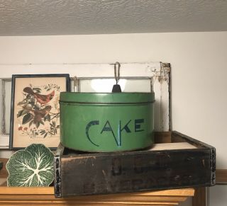 Antique/vintage Round Green Cake And Bread Tin—mcm/farmhouse Decor
