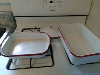 Vintage Enamel Ware Two White Red Trim Large Pans Sq And Oblong Extra Lid