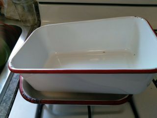 Vintage Enamel ware two White Red Trim Large Pans sq and oblong extra lid 2