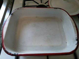 Vintage Enamel ware two White Red Trim Large Pans sq and oblong extra lid 3