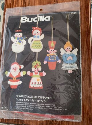 Vintage Bucilla Felt Appliqué Christmas Ornament Kits 3590 Santa & Friends Jewel