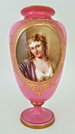 Antique Victorian Pink Satin Opaline Bristol Art Glass Portrait Of A Lady Vase