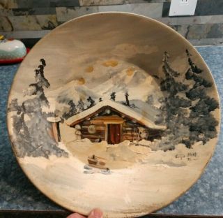 Metal Gold Mining Pan Hand Painted Cabin In Snow Signed By Artist Vintage