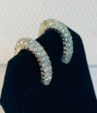 Vintage Signed Ciner Silver Clear Rhinestone Clip - On Earrings - 1/4 " X 1/2 "