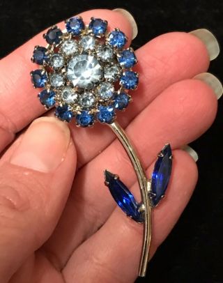 Vintage Blue Rhinestone Silver Tone Flower Brooch Pin