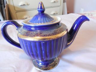 Vintage Hall Los Angeles 6 Cup Teapot - Cobalt Blue With Gold Accents - Euc