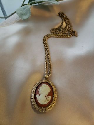 Vintage Gold Tone Double Side Cameo Pendant Chain Necklace 24 " L