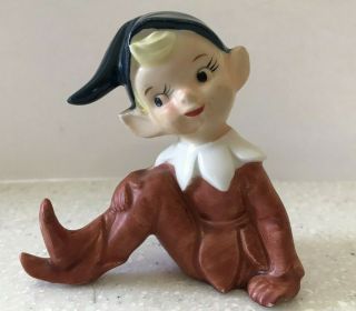 Vintage Mid Century Orange Christmas Elf Pixie Green/blue Cap Ceramic Figurine
