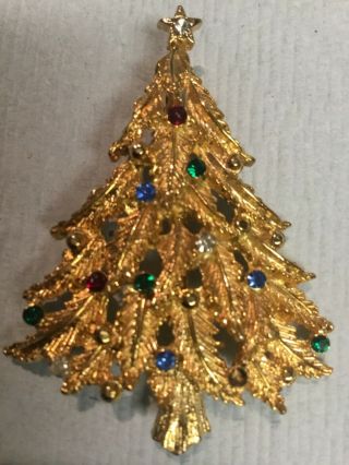 Vintage Signed Jj Gold Tone Rhinestone Christmas Tree Brooch Pin
