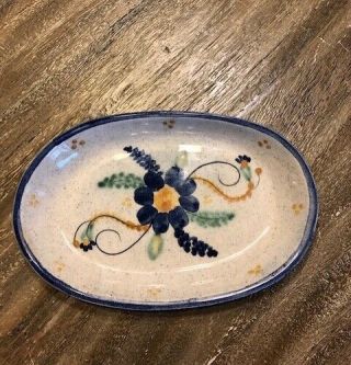 Vintage Oval Dish Hand Painted Glazed Stoneware Blue/yellow/green