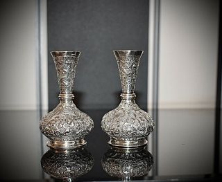 Fine Solid Silver,  Indo Persian Hand Chased Floral Design Vase