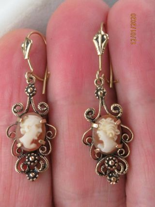 Antique Hand Carved Shell Cameo 14k Yellow Gold Earrings
