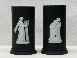 Small Antique Wedgwood Black Jasper Dip Neoclassical Vases C1890 - 1910