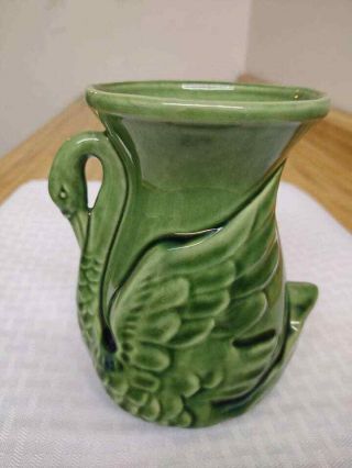 Vintage Shawnee Pottery Swan Vase; Green Glaze,  Marked Usa.